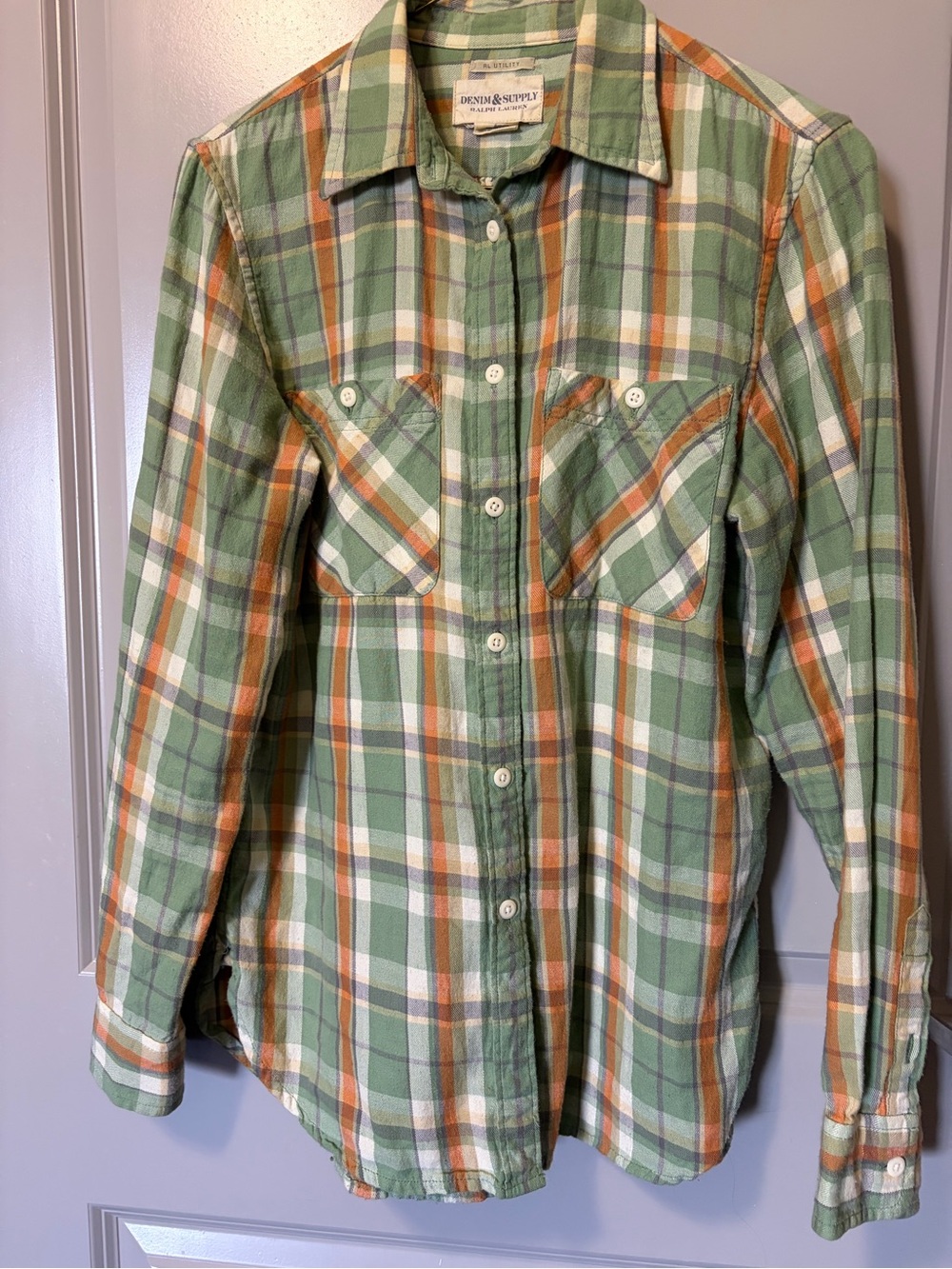 Ralph Lauren Green Plaid Button-Up with Orange Accents